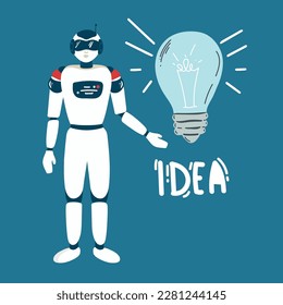 Robot hold lightbulb develop innovative business idea or strategy. Robotic humanoid brainstorm show artificial intelligence. Innovation and science concept. Chat bot. vector illustration