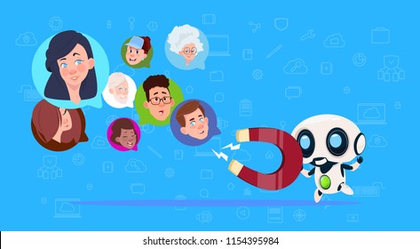 robot hold magnet mix race chat bubbles,artificial intelligence support virtual assistance of website or mobile applications, pulling concept flat Vector Illustration