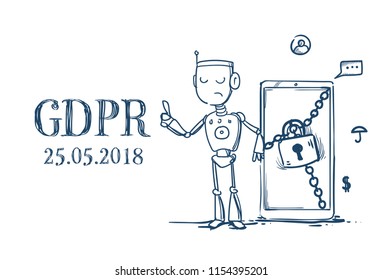 robot hold padlock safe Artificial Intelligence General Data Protection Regulation GDPR server security guard over white background hand drawn vector illustration
