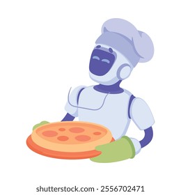 Robot Hold Pizza as Smart Android Assistant Machine Vector Illustration