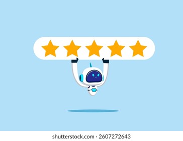 Robot holding 5 stars rating. Best quality, excellence high performance evaluation 5 stars rating on customer service. Modern vector illustration in flat style.