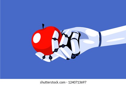 The robot is holding an apple. Mechanical hand is holding a red apple. Concept of machine learning, new technologies, cybernetics and robotics. AI learns and recognizes the world.