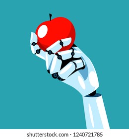 The robot is holding an apple. Mechanical hand is holding a red apple. Concept of machine learning, new technologies, cybernetics and robotics. AI learns and recognizes the world.