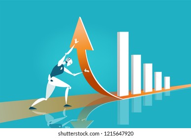 Robot holding the arrow up, representing the growth in business, success and support. 