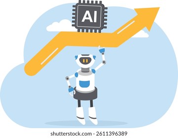 Robot holding up artificial intelligence stock market rising arrow, stock market rising concept image.

