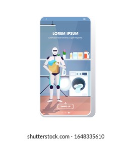 robot holding basket with dirty clothes artificial intelligence technology housekeeping concept laundry room interior full length smartphone screen mobile app copy space vector illustration