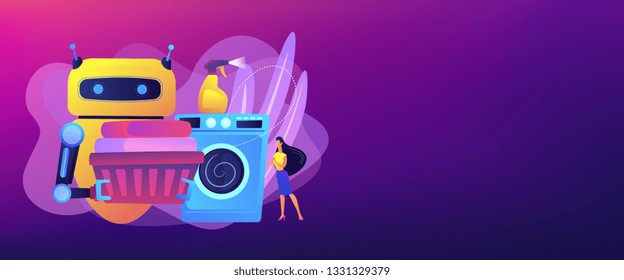 Robot Holding Basket With Laundry And Washing Clothes In Washing Machine. Home Robot Technology, Real Life Robots, Personal Domestic Robots Concept. Header Or Footer Banner Template With Copy Space.