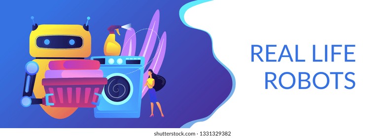 Robot Holding Basket With Laundry And Washing Clothes In Washing Machine. Home Robot Technology, Real Life Robots, Personal Domestic Robots Concept. Header Or Footer Banner Template With Copy Space.