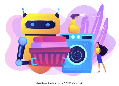 Robot Holding Basket With Laundry And Washing Clothes In Washing Machine. Home Robot Technology, Real Life Robots, Personal Domestic Robots Concept. Bright Vibrant Violet Vector Isolated Illustration