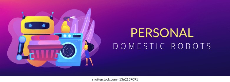 Robot Holding Basket With Laundry And Washing Clothes In Washing Machine. Home Robot Technology, Real Life Robots, Personal Domestic Robots Concept. Header Or Footer Banner Template With Copy Space.