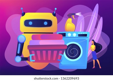 Robot Holding Basket With Laundry And Washing Clothes In Washing Machine. Home Robot Technology, Real Life Robots, Personal Domestic Robots Concept. Bright Vibrant Violet Vector Isolated Illustration