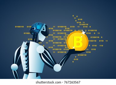 Robot Holding Bitcoin Crypto Currency Banner Digital Web Money Concept Vector Illustration