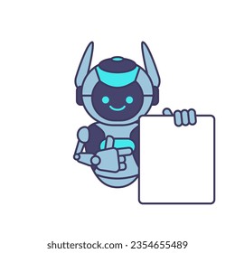 Roboter, der ein leeres Plakatbanner hält oder Informationen zeigt