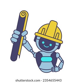 robot holding blueprint paper. Robot mascot character vector illustration