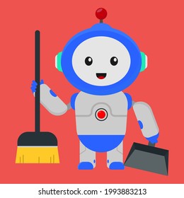 robot holding a broom to clean icon illustration vector graphic