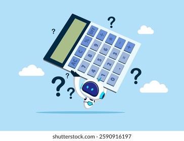 Robot holding a calculator thinking about calculations. Think about numbers. Loan calculation, budget allocation, expense and debt pay off or payment. Flat vector illustration