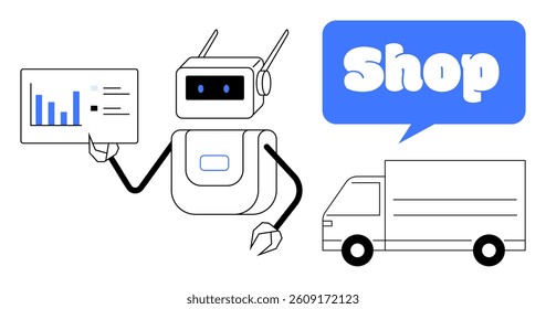 Robot holding a chart. Blue speech bubble with text Shop. Delivery truck on the right side. Ideal for ecommerce, retail, AI in shopping, data analysis, online shopping concepts. Simple line art style