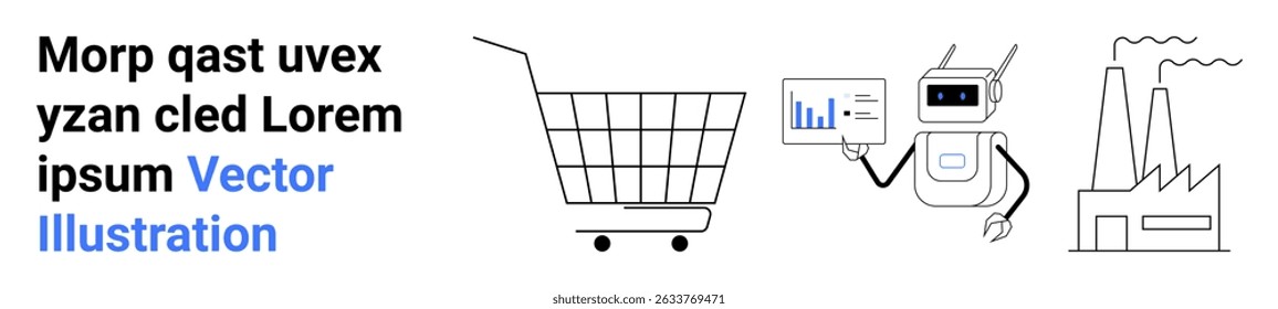 Robot holding a data analytics chart, shopping cart, factory buildings emitting emissions. Ideal for e-commerce, automation, data analytics, technology, industry, robotics, environmental impact