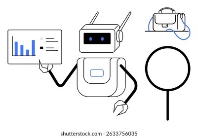 Robot holding data chart, briefcase and magnifying glass icons. Ideal for technology, education, research, business analytics, innovation, AI applications, data analysis. Line metaphor