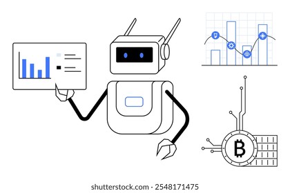 Un robot sosteniendo un gráfico de datos que representa la automatización de análisis. Cerca de allí, un símbolo de Bitcoin conectado a líneas de circuito significa criptomoneda. Un gráfico con engranajes destaca la tecnología blockchain