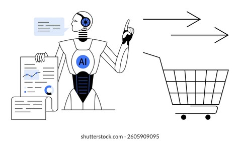 Robot holding data charts and pointing towards a shopping cart representing the intersection of artificial intelligence and online shopping. Ideal for technology, marketing, data analysis