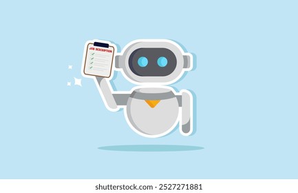 Un robot sostiene y muestra un tablero de Descripción del trabajo, lo que ilustra las capacidades efectivas y eficientes de la IA en la realización de tareas.