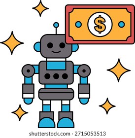 Un robot tiene un billete de un dólar. El robot está sonriendo y él es feliz. El billete de un dólar se coloca encima del robot, y el robot se coloca en el centro de la Imagen