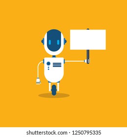 Robot holding empty sign. Modern Robot in flat style. Concept artificial Intelligence.