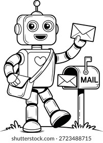 Robô segurando envelope ao lado do coração da caixa de correio.