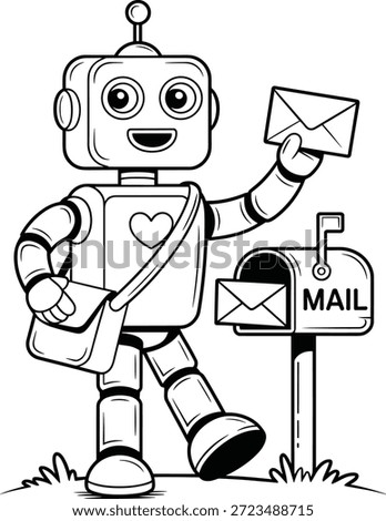 Robot holding envelope standing next to mailbox heart.