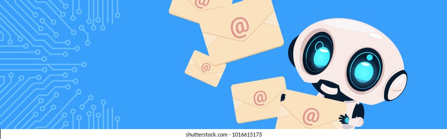 Soporte de Robot Envoltura Cartas De Correo Electrónico Bot De Chatter Sobre El Fondo Del Circuito Banner Horizontal En Fondo Con Ilustración De Vector Plano De Espacio Copia