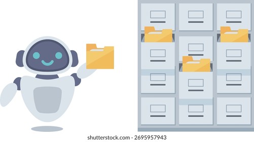 Robot holding file folder next to office cabinet illustration