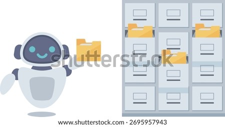 Robot holding file folder next to office cabinet illustration