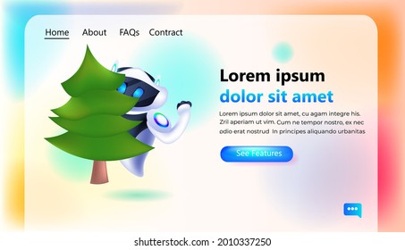 robot sostiene un personaje robótico de árbol de abeto celebrando las vacaciones de invierno concepto de tecnología de inteligencia artificial