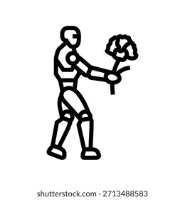 Robot sosteniendo un Vector de icono de línea de flor. Robot sosteniendo un signo de flor. Ilustración negra de contorno aislado