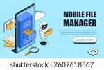 Robot holding folder near smartphone with drawer cabinet, cloud and magnifier icon, on blue background. Concept of mobile file management. Vector illustration