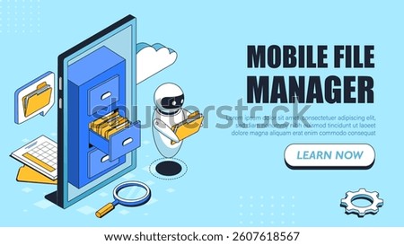 Robot holding folder near smartphone with drawer cabinet, cloud and magnifier icon, on blue background. Concept of mobile file management. Vector illustration