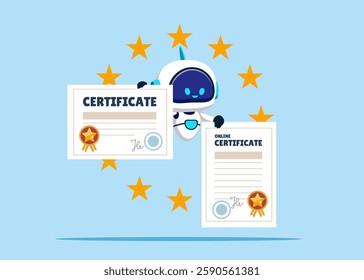 Robot holding or getting a certificate and award paper. prize and appreciation concept, best graduate, cum laude. Can be used for elements, landing pages, UI, characters