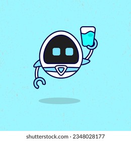 Robot holding a glass of water cartoon vector illustration. Suitable for web, sticker, banner and background.