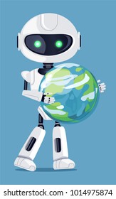 Robot holding globe in hands, robotic creature with blue shining eyes carrying model of planet Earth, vector illustration isolated on blue background