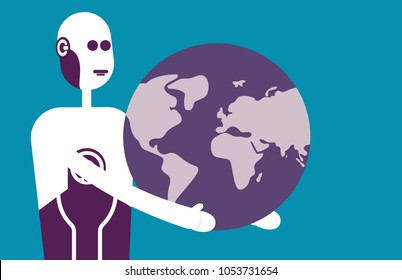 Robot holding globe. Vector illustration replacement business concept.