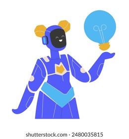 A robot holding a glowing lightbulb symbolizes the generation of innovative ideas and creativity in technology. The image highlights the fusion of artificial intelligence and inspiration. Vector.