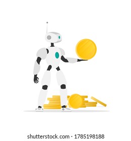 The robot is holding a gold coin. Gola of gold coins. The concept of mining, passive income, earnings in the future. Isolated. Vector.