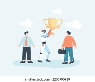 Robot holding gold trophy flat vector illustration. Cyborg beating human, taking first place. Victory, artificial intelligence concept for banner, website design or landing web page