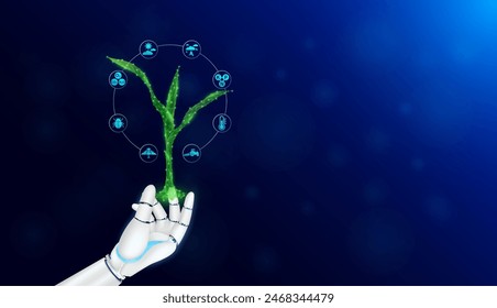 Robot holding green seedling corn sprouts form polygon surround by icon Oxygen Carbon Dioxide, Sun, Tractor and Insect. Smart farm applying technology in cultivation agriculture industry. Vector.