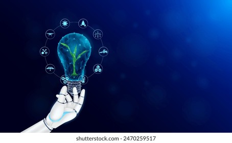 Robot holding green seedling corn sprouts in light bulb surround by icon Oxygen Carbon Dioxide, Sun, Tractor and Insect. Smart farm applying technology in cultivation agriculture industry. Vector.