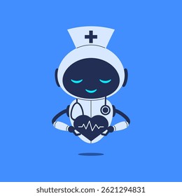Robot holding in hands heart with ECG line. Vector illustration for medical AI, healthcare technology, and heart diagnostic