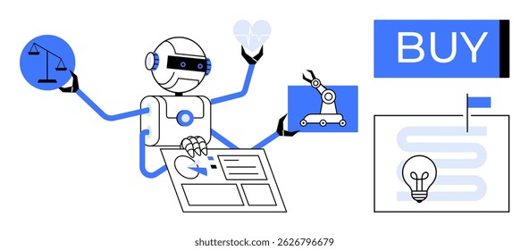 Robô segurando ícones de escala de equilíbrio, coração, braço robótico analisando dados no botão do tablet com BUY lâmpada acima do caminho. Ideal para tecnologia, IA, multitarefa, robótica, automação, tomada de decisões
