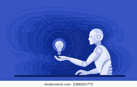 The robot is holding a lamp in his hand. Concept of thinking, search for ideas, brainstorming, information technology, artificial intelligence, robotics. Vector flat illustration, blue color banner