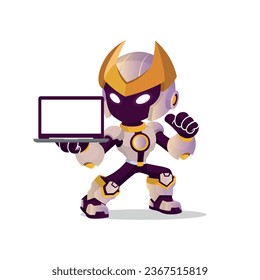 Robot holding a laptop with a blank screen for your advertising. vector illustration